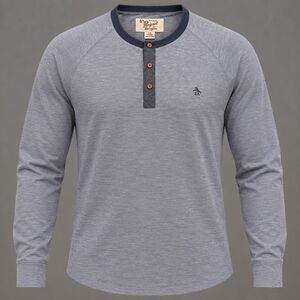 Original Penguin Men’s XXL Blue Long Sleeve Henley Shirt Raglan Munsingwear Logo